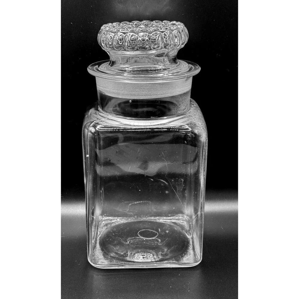 Vintage Square Clear Glass Apothecary Canister w/Decorative Floral Stopper 2 Qt